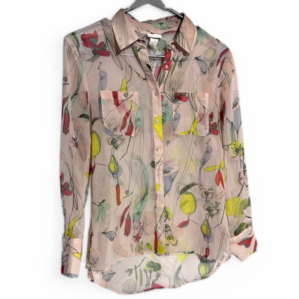 H&M Conscious Collection sheer floral nature pattern button down blouse Size 4
